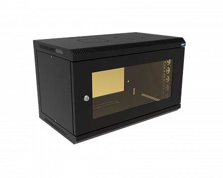 Шкаф телекоммуникационный настенный разборный МИКсистем 19" Basis 6U 600x350  дверь стекло черный